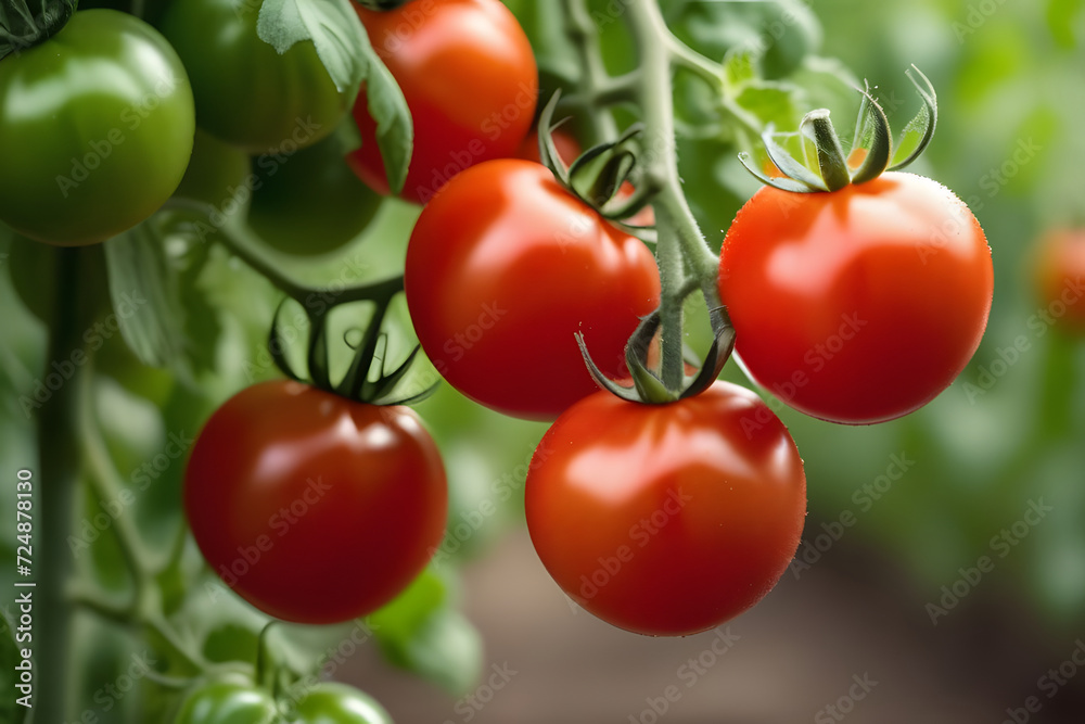 Ripe, red tomatoes growing in a greenhouse. Ready for harvest.