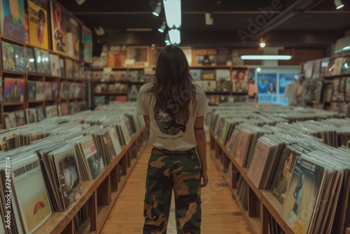 A Y2K girl in a record store, wearing a band tee and camo pants, browsing vinyl records. The store has a grunge aesthetic, capturing the alternative side of early 2000s culture