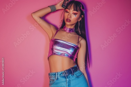 A Y2K girl with sleek, straight hair, wearing a shiny metallic halter top and low-rise jeans, accessorized with a chunky belt and butterfly clips photo