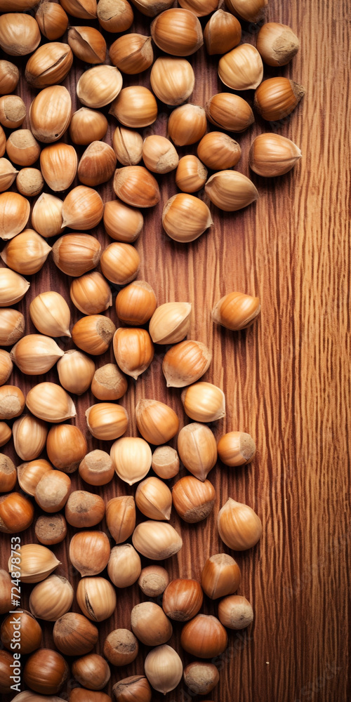 hazelnuts spilled on light wood table, overhead view сreated with Generative Ai hazelnuts spilled on light wood table, overhead view сreated with Generative Ai