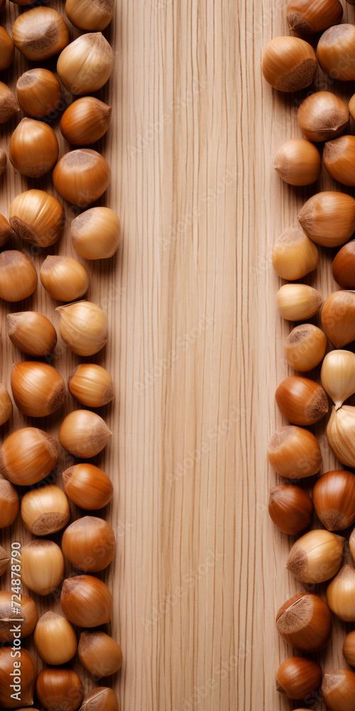hazelnuts spilled on light wood table, overhead view сreated with Generative Ai hazelnuts spilled on light wood table, overhead view сreated with Generative Ai