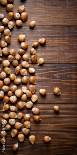 hazelnuts spilled on light wood table, overhead view сreated with Generative Ai