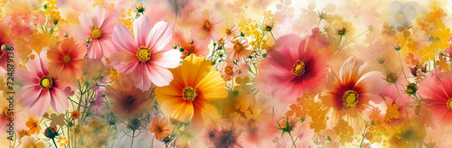 Sunny watercolour background with flowers of the European summer. AI generative. © Dar1930