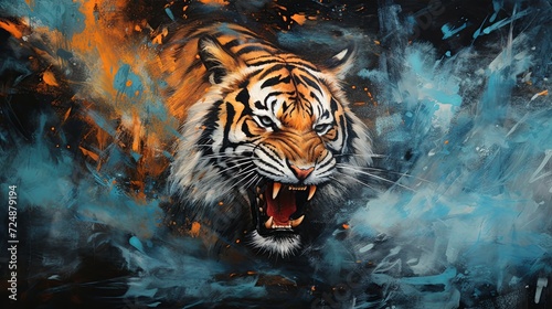 A striking painting of a Bengal tiger showing its powerful jaws and teeth, symbolizing the fierce nature of this majestic carnivorous organism photo