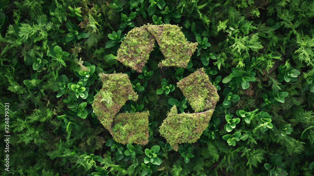 Recycling Symbol auf Erde in zwei Händen getragen vor einer Hecke Nachhaltigkeit mit grüner Energie und Müllvermeidung die Umwelt retten Generative AI - obrazy, fototapety, plakaty 