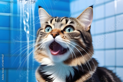 A cute tabby cat meows with its mouth wide open and is isolated on a blue background.