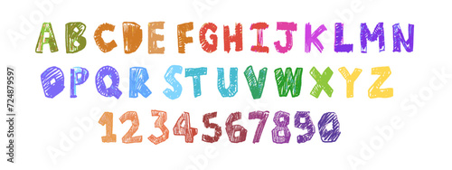 Doodle children font, vector cartoon funny alphabet, hand drawn scribble kid typescript numbers. School wax crayon abc cute kindergarten handwriting playful letters, digits. Color pencil children font