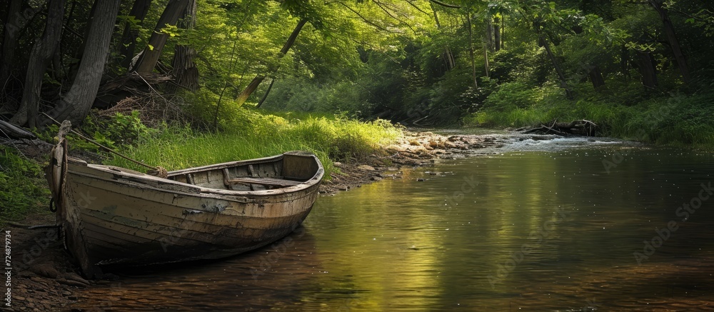 A weathered vessel is tied to the edge of a wooded stream.