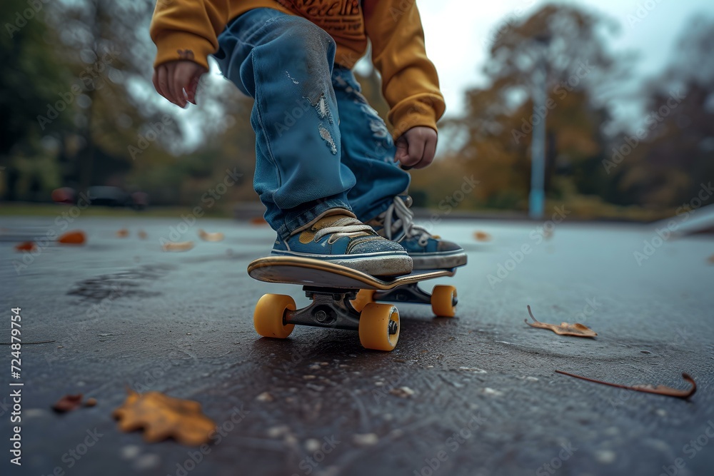 Child on a skateboard in autumn. casual urban youth lifestyle. focus on action and movement. street sports concept. AI Child on a skateboard in autumn. casual urban youth lifestyle. focus on action and movement. street sports concept. AI