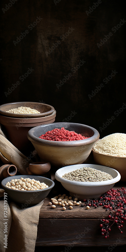 Fototapeta premium Scarves with various coloured grains and cereals such as rice, peas, lentils. AI generative.