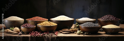 Scarves with various coloured grains and cereals such as rice, peas, lentils. AI generative. photo
