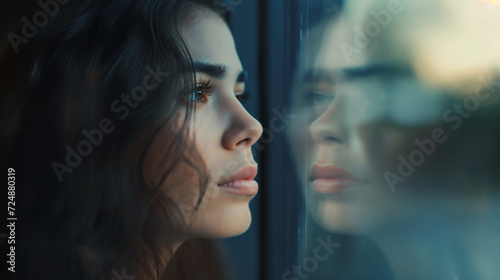 Portrait einer Frau an einem Fenster mit Spiegelung und leerem weiten nachdenklichem Blick in die Ferne voller Sehnsucht Generative AI