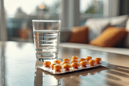 Packet of medical pills near a glass of water on a table in the dining room. Packaging of pills for pain or medical treatment.