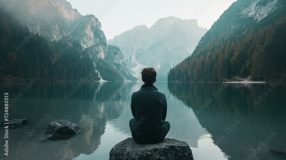 Person von hinten sitzt an einem See und ist einsam und allein in einem Gebirge innere Kraft finden Generative AI - obrazy, fototapety, plakaty 