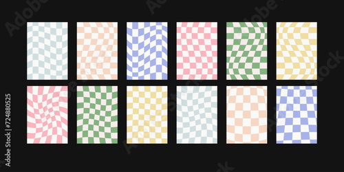 Set of groovy checkered patterns. Vector illustration. Retro colored wavy distorted chessboard psychedelic backgrounds