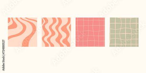 Set of groovy hippie backgrounds. Vector illustration. Wavy and checkerboard pastel patterns.Wallpaper collection