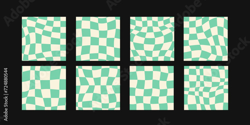 Set of vector patterns. Funky hippie mesh patterns. Beige and green retro distorted chessboard backgrounds