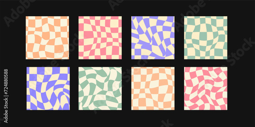 Set of vector distorted retro chessboard patterns. Collection of psychedelic chessboard, mesh colorful backgrounds