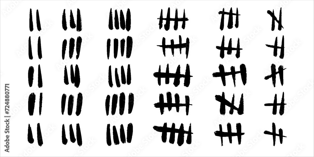 Big set of tally marks. Vector grunge icons. Black hand drawn slash strokes isolated on white backdrop Big set of tally marks. Vector grunge icons. Black hand drawn slash strokes isolated on white backdrop