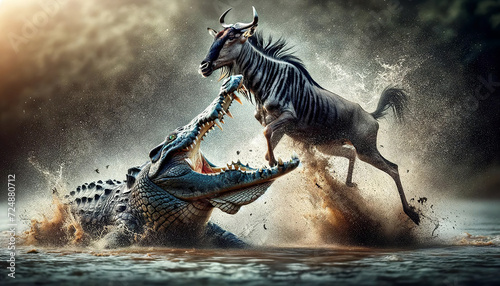 A dramatic confrontation between a wildebeest and a crocodile, capturing the intense moment of survival in the wild with dynamic water splash effects.Animal behavior concept. AI generated.