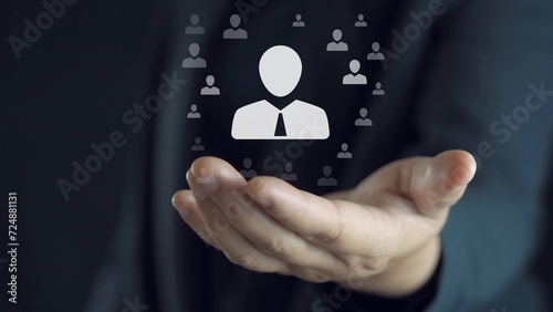 HRM or Human Resource Management, businessman show manager icon which is among staff icons for human development recruitment leadership and customer target group concept. Manager, research, target.