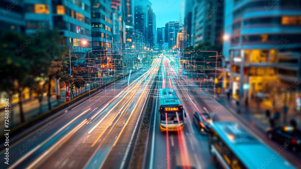 Autonome Fahrzeuge im Straßenverkehr mit Funk und WLAN Symbolen Kommunikation zwischen autonomen Autos im Verkehr Generative AI