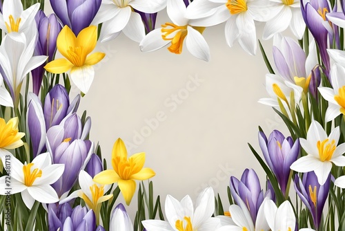 Frame and seamless border with spring flowers - crocus and daffodils