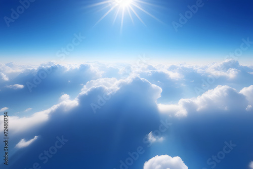 Aerial view of serene blue sky and billowy white clouds, showcasing our planets beauty photo