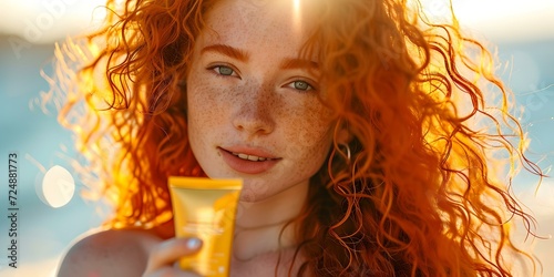 Red-haired woman holding a sunscreen tube on a sunny beach. vibrant, summer feel, skincare importance. AI photo