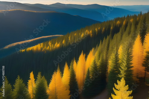 Scenic view of mountains and autumn forest with colorful trees from above