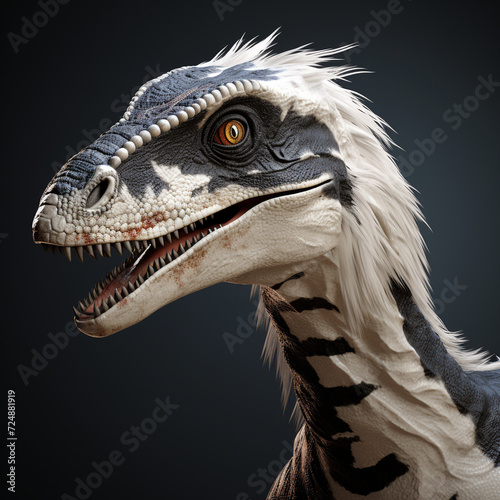 female velociraptor  white gray skin with brown and black stripes   reated with Generative Ai