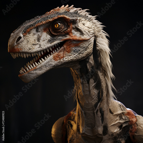 female velociraptor  white gray skin with brown and black stripes   reated with Generative Ai