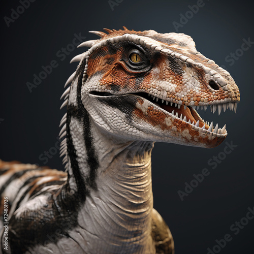 female velociraptor  white gray skin with brown and black stripes   reated with Generative Ai
