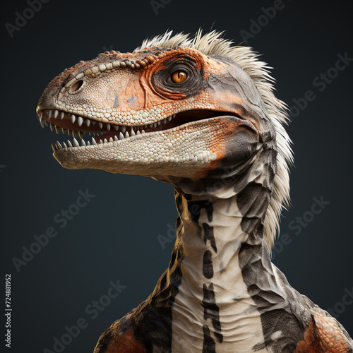 female velociraptor, white/gray skin with brown and black stripes сreated with Generative Ai © Andrii Yablonskyi