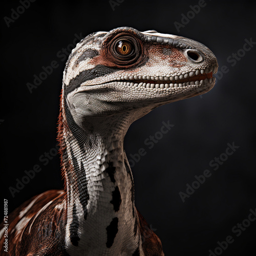 female velociraptor  white gray skin with brown and black stripes   reated with Generative Ai