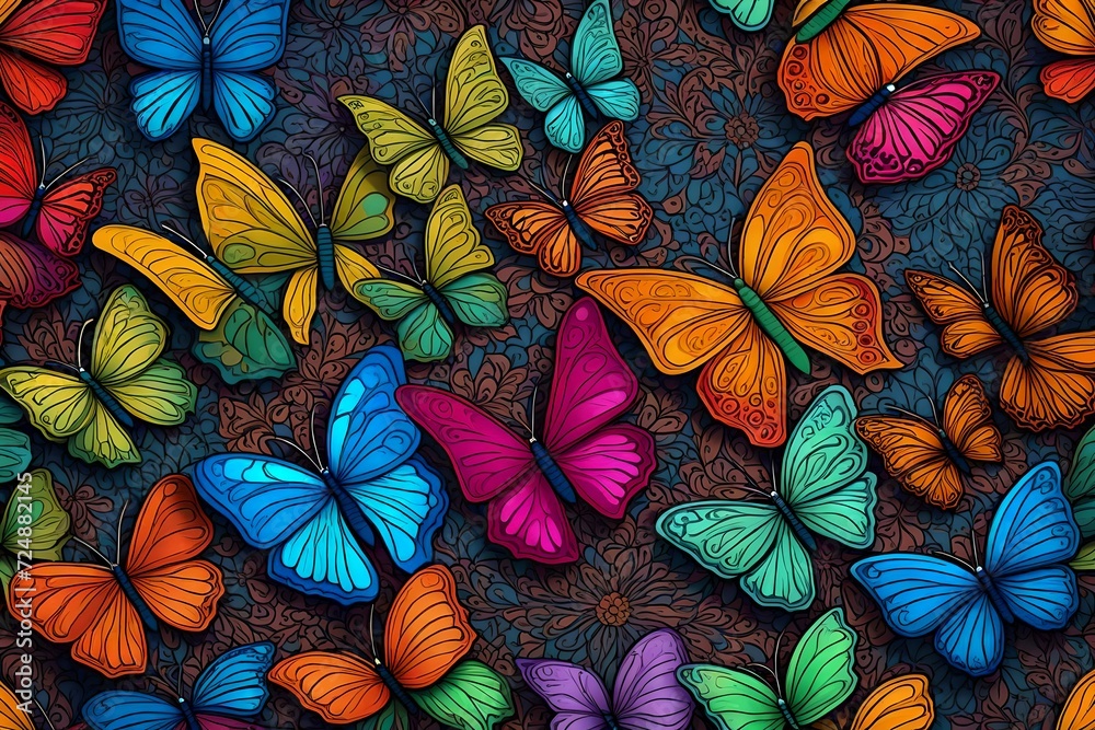 Ornamental multicolored butterflies on a background in the same colours. Seamless tile