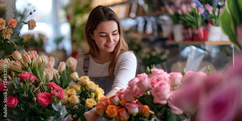 Smiling woman arranging colorful flowers in a cozy florist shop. indoors, business, fresh. AI