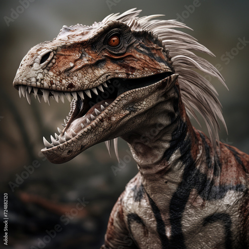 female velociraptor  white gray skin with brown and black stripes   reated with Generative Ai