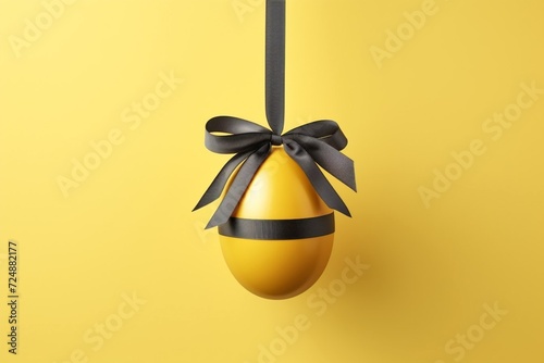 happy Easter gift and decorations. colorful egg with shiny ribbon bow on springtime meadow background. Template for label, gift greeting card, promotional banner or ticket price