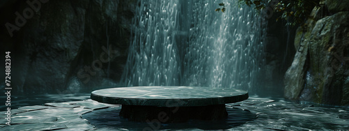 a round stone table set up against a waterfall in the