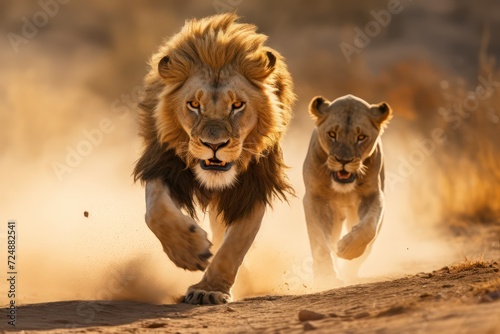 Male and female lion running in jungle