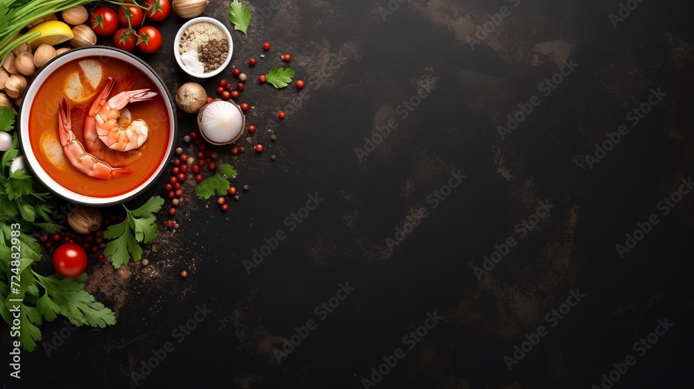 Authentic Thai Tom Yum soup served with succulent shrimps, lime, and chili slices spices in a ceramic bowl flatlay copy space banner. Authentic Thai Tom Yum soup served with succulent shrimps, lime, and chili slices spices in a ceramic bowl flatlay copy space banner.