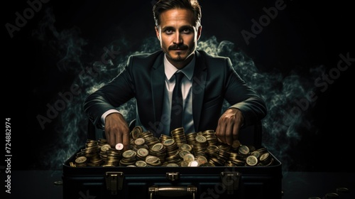 a man in a black business suit near an suitcase with money, banknotes and dollars. the investor or broker made a profit. photo
