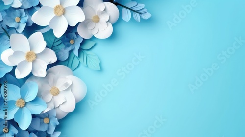 blue background or texture with spring flowers. frame, place for text. template, greeting card for Mother's Day, March 8