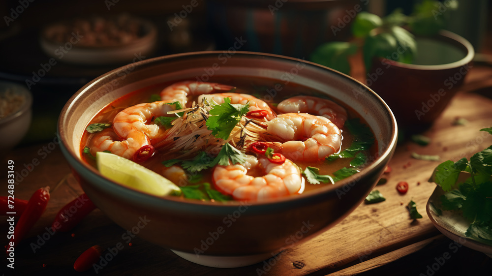 Authentic Thai Tom Yum soup served with succulent shrimps, lime, and chili slices spices in a ceramic bowl flatlay copy space banner.