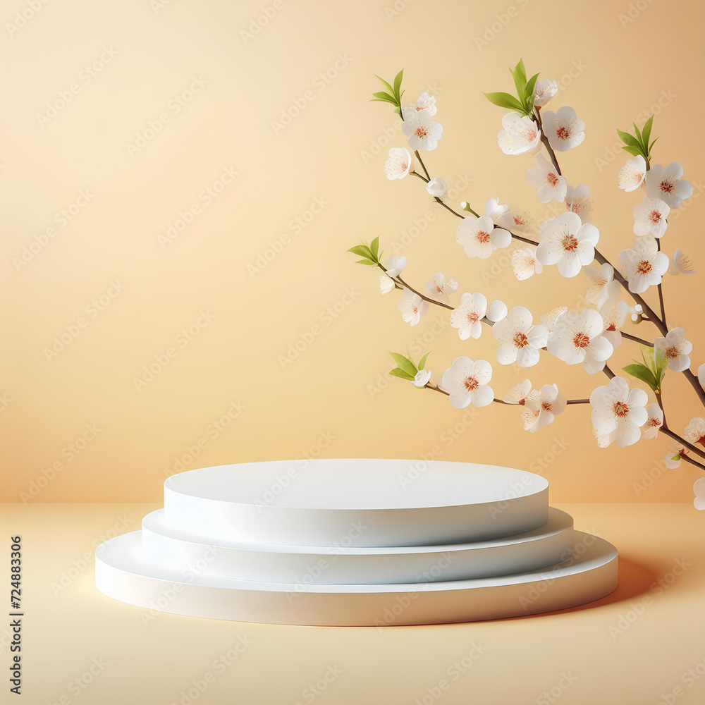 Round white podium platform stand for product presentation and spring flowering tree branch with white blossom flowers on pastel yellow background Round white podium platform stand for product presentation and spring flowering tree branch with white blossom flowers on pastel yellow background