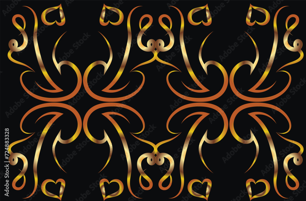 Graphic symmetrical fantasy ornament with swirls and hearts. Golden gradient. Horizontal ornament for printing on fabric, applique, postcard on a black background