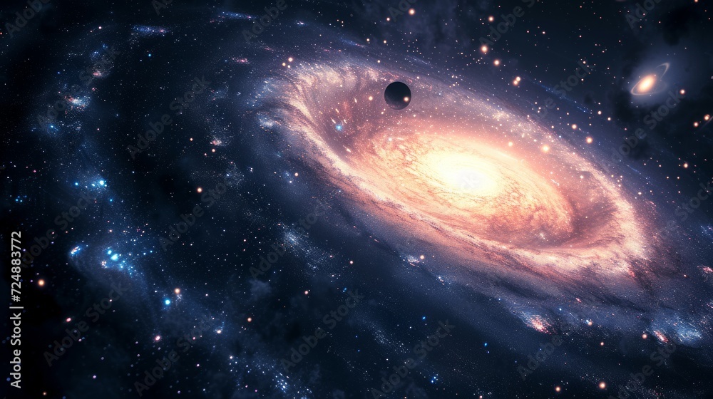View from space to a spiral galaxy and stars. Universe filled with stars, nebula and galaxy.
