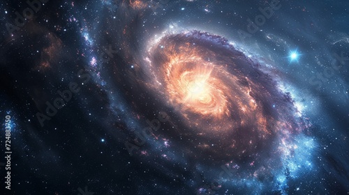 View from space to a spiral galaxy and stars. Universe filled with stars  nebula and galaxy.