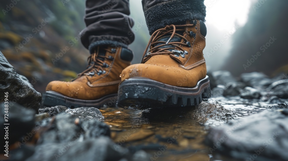 Close-Up of a Person Wearing Hiking Boots on a Rocky Trail, labor Day Close-Up of a Person Wearing Hiking Boots on a Rocky Trail, labor Day
